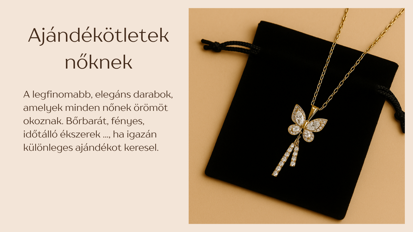 Arany pillangó nyaklánc fekete bársonytasakon, elegáns ajándékötlet nőknek karácsonyra – Ferro Jewelry