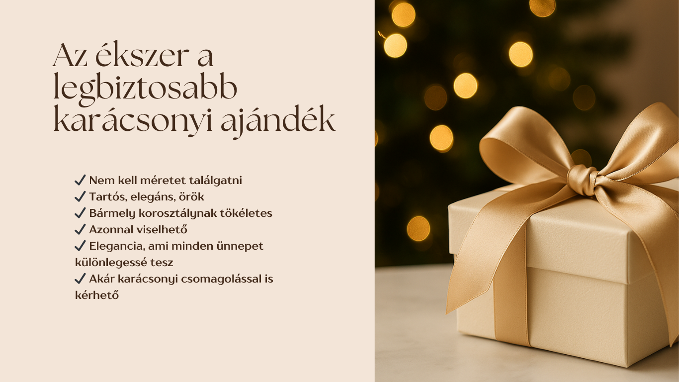 Elegáns karácsonyi ajándékdoboz arany szalaggal, mellette prémium ékszerajánlat szöveggel – Ferro Jewelry ünnepi gyűjtemény.