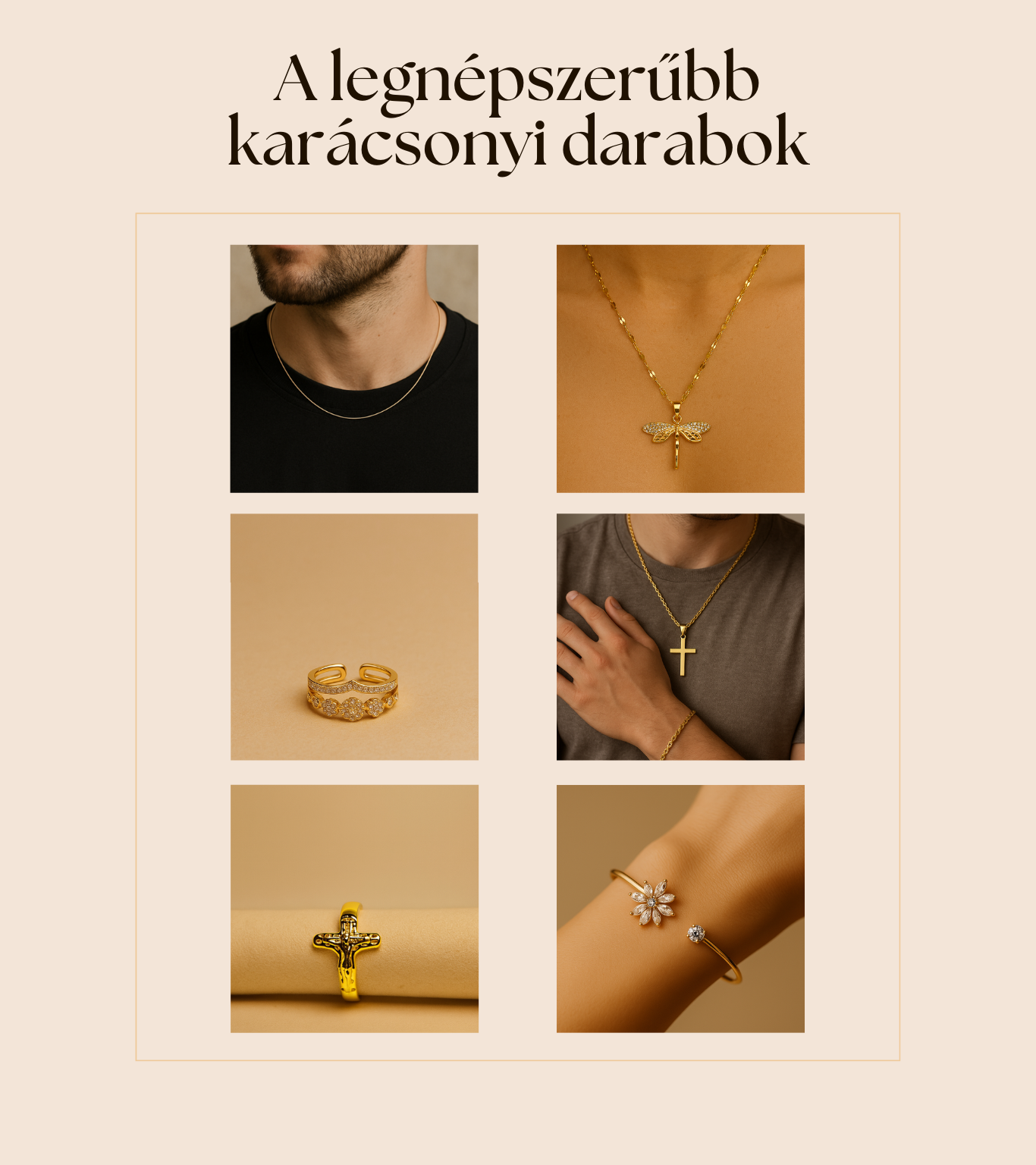A Ferro Jewelry legnépszerűbb karácsonyi ékszerei: aranyláncok, kereszt medálok, cirkónia gyűrűk és női karkötők prémium, meleg bézs háttéren