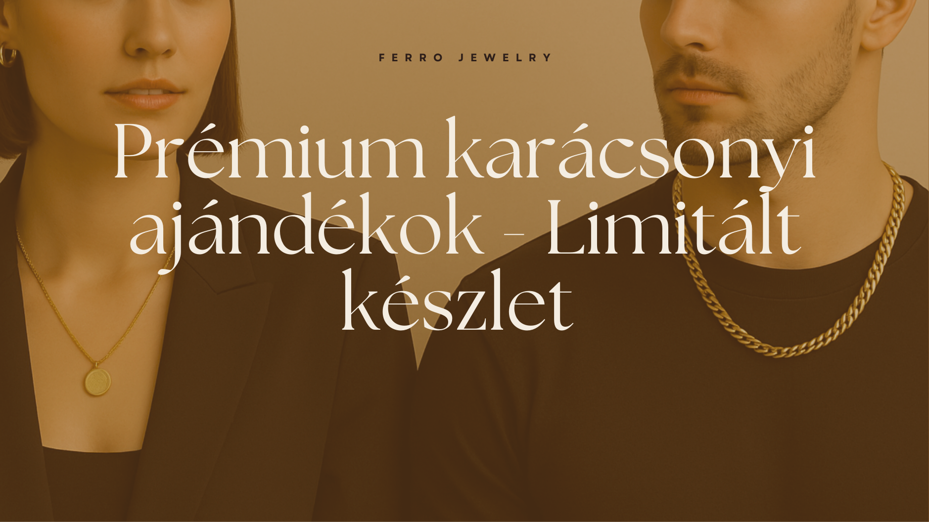 Férfi és nő elegáns karácsonyi ékszerekkel, prémium arany nyaklánccal - ferro jewelry ünnepi ajánlat