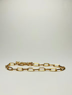 Aranyozott hosszú láncszemes nyaklánc fehér háttéren, fényes felülettel és letisztult, elegáns megjelenéssel.